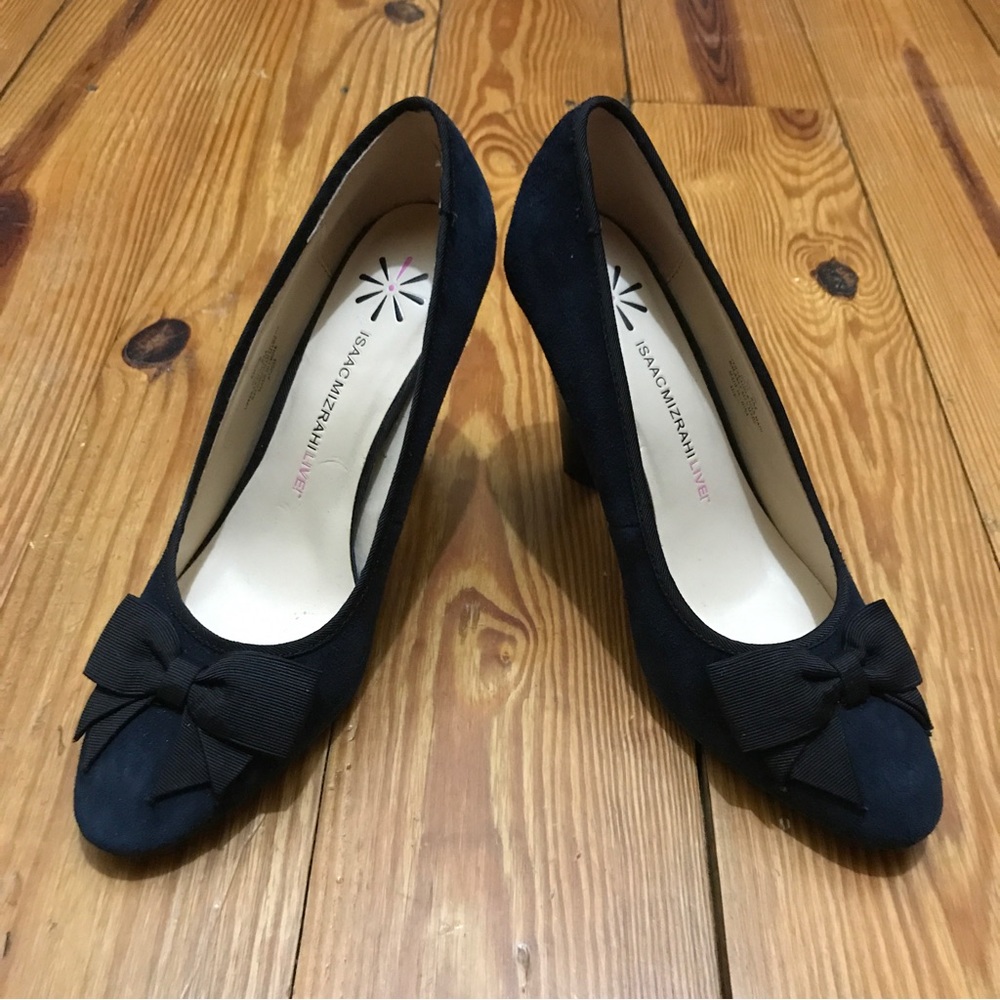 Isaac Mizrahi Live Navy Black Suede Bow Heels, EUC, 8